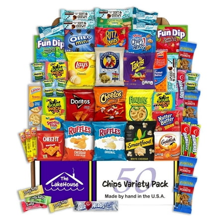 Chips Variety Pack 50 Count - Chips Cookies Candy Granola Bars - College Care Package Gift Basket - Snack Packs
