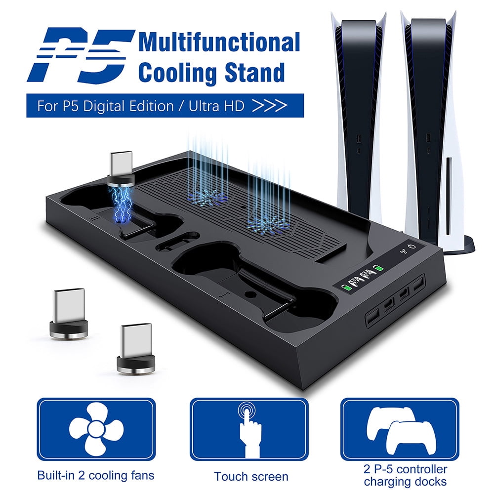 Multifunctional Cooling Stand for PS5 Digital & Disc Edition Game Consoles, Controller Charger, Headphone Hook Storage Holder Base Accessories-Black