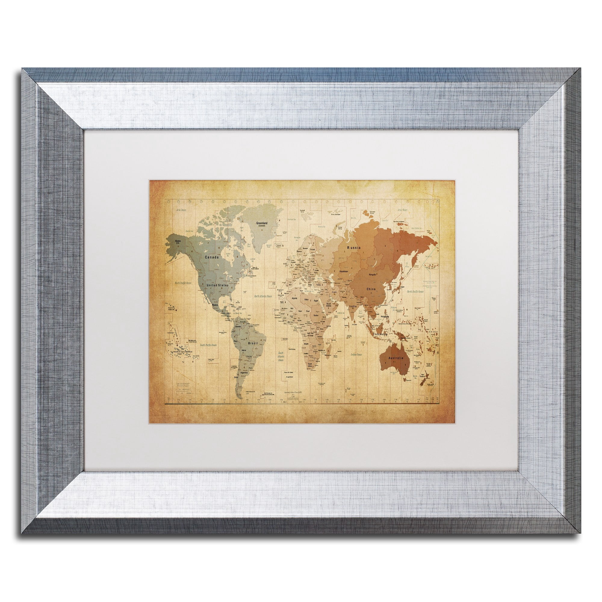 Trademark Fine Art ''Time Zones Map of the World'' by Michael Tompsett 16" x 20" White Matted Silver