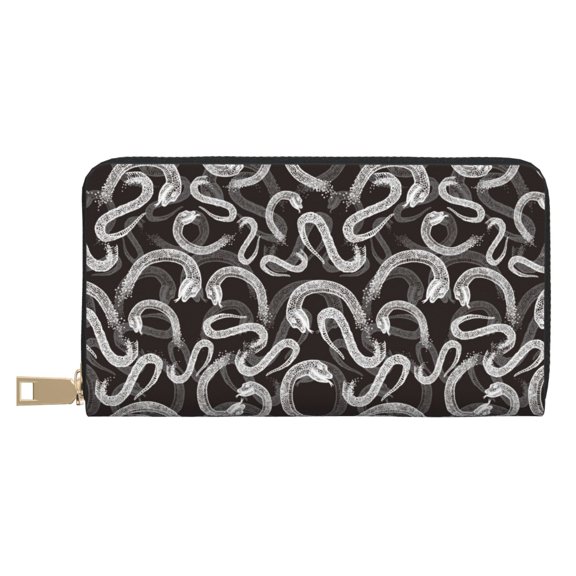 Leather Thin Slim Wallets for Women Men - Abstract Minimalist Snake White Clutch Card Wallet for Women Men with Zipper
