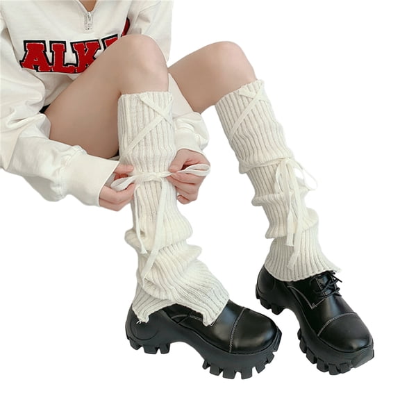 Girls Lolitas Leg Warmers Bows Lace Up Knit Flared Leg Sleeves Goth Baggy Cuffs Ankle Heap Socks JK Uniform Foot Cover