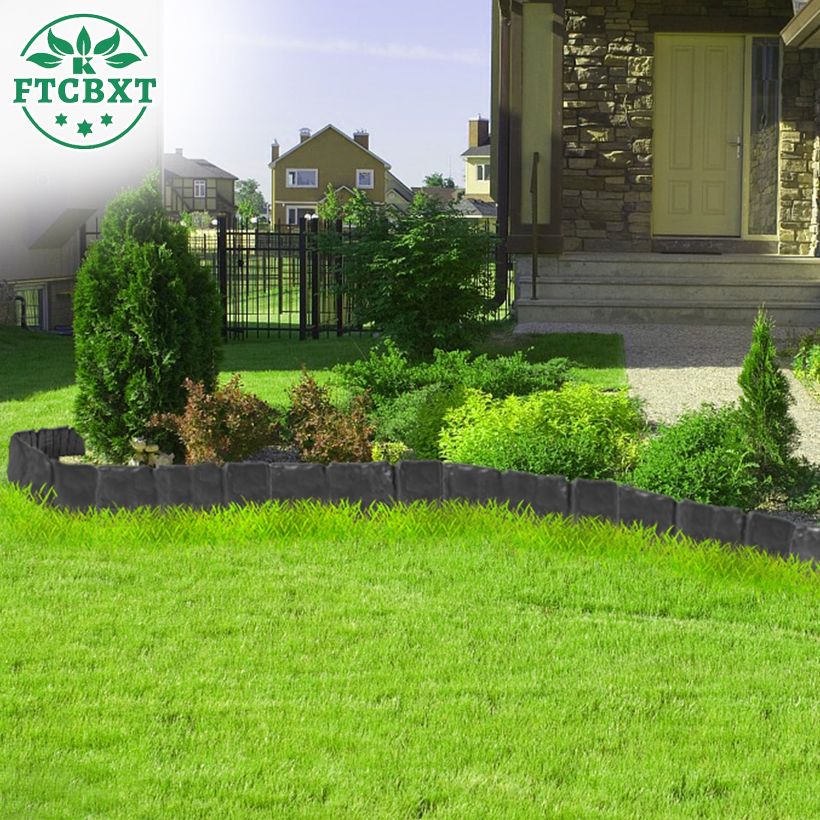 FTCBXT Garden Edging Border, 24 Ft Plastic Landscape Edging Border with Anchoring Spikes, Imitation Stone Fence for DIY Outdoor Yard Landscaping (30 Pcs, Black)