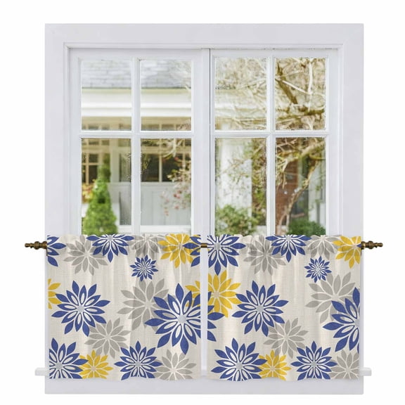 Geometric Flower Tier Curtains 24 Inch Length, Vintage Country Floral Blue Yellow on Linen Cafe Short Curtains for Bathroom Sink, Small Kitchen Curtain Light Filtering Drapes 2 Panels 27.5"Wx24"L