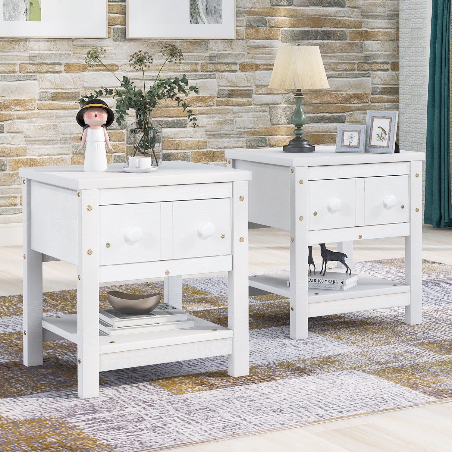 Resenkos Modern Set of 2 Nightstand with Drawer and Shelf, Bedroom Wood Bedside Table, Brushed White Resenkos Modern Set of 2 Nightstand with Drawer and Shelf, Bedroom Wood Bedside Table, Brushed White