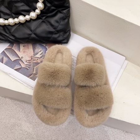 

CoCopeanut Winter New Leisure Faux Fur Ladies Slippers Fashion Band Fuzzy Women Fluffy Slippers Bedroom Flat Girls Plush Shoes