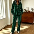 thumbnail image 2 of Szluipve 2 Piece Sets for Women Velour Tracksuit 2 Piece Outfits Hooded Henley Button Long Sleeve Top & Wide Leg Pants Casual Soft Loungewear Set with Pockets Dark Green XL, 2 of 9