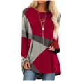 thumbnail image 1 of Long Sleeve Shirts for Women Dressy Casual Crew Neck Hem Flowy Tops Color Block Geometry Printed Oversized Loose Tunic Shirts Graphic Tees for Spring Fall #B06-Orange S, 1 of 5