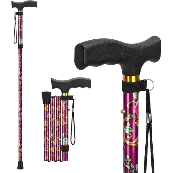 SupreGear Lightweight Folding Aluminum Walking Cane, T-Handle for Adults and Seniors, Floral Purple