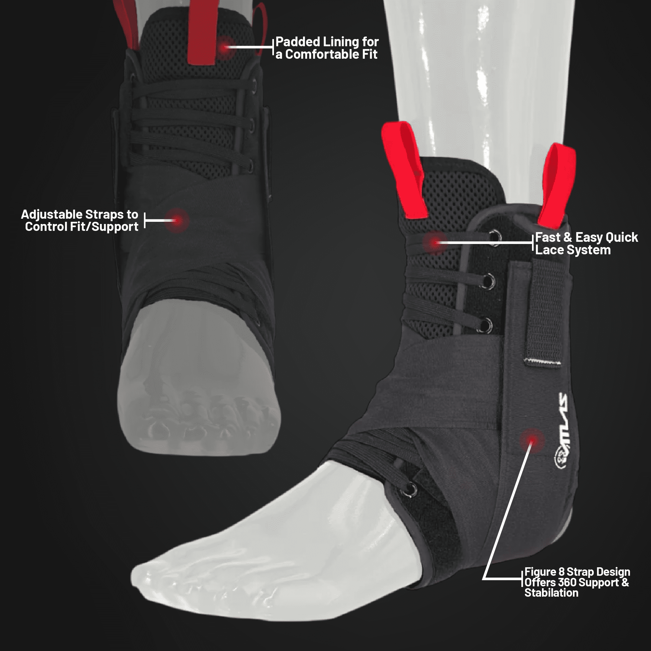 Atlas A2060-01-020 Ankle Brace Black, LG/XL, CE Certified, Reversible Design for Left or Right Ankle, Adjustable Support for Sports and Injury Recovery