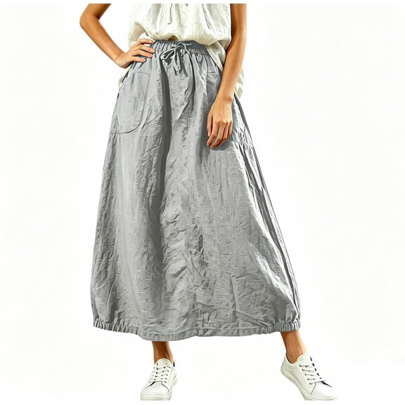JGGSPWM Cotton Linen Maxi Skirt for Women Loose Fit A-Line Comfy Elastic Drawstring Waist Casual Solid Color Fashion Skirts with Pockets Gray XL