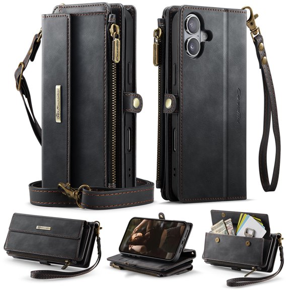 for iPhone 16 Plus Wallet Case with RFID Blocking Card Slots Zipper Pocket, PU Leather Kickstand Full Body Rugged Protection Shoulder & Wrist Strap Heavy Duty Shockproof Cover, Black