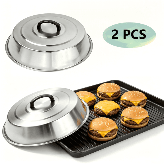 12 Inch Heavy Duty Cheese Melting Dome Wok Lids, Stainless Steel Griddle Grill Accessories, Durable Round Basting and Steaming Cover, Heat Resistant Handle for Flat Top Griddle Grill, 2 Domes