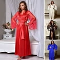 thumbnail image 2 of Women Nightgown Hollow Lace Sleeves Adjustable Waist Tie Satin V Neck Imitation Silk Solid Color Sleepwear Parties Honeymoon Bride Bridesmaid Morning Robe, 2 of 8