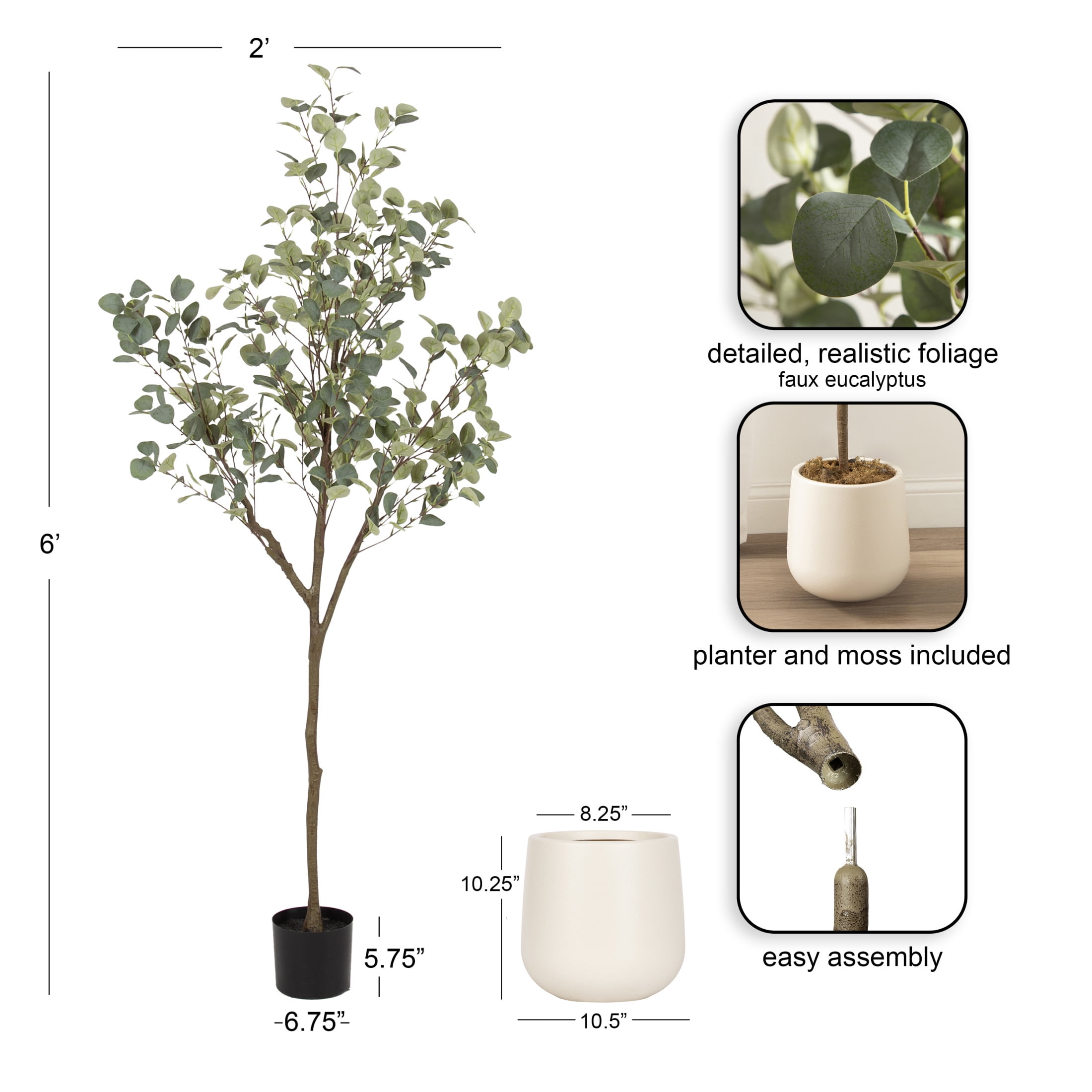 Kate and Laurel Eudora Faux Eucalyptus Tree with Jia Curved Planter Pot, 6 FT, Cream, Potted Artificial Tree Indoor with Realistic Foliage and Added Moss, Fake Plant for Living Room Decor