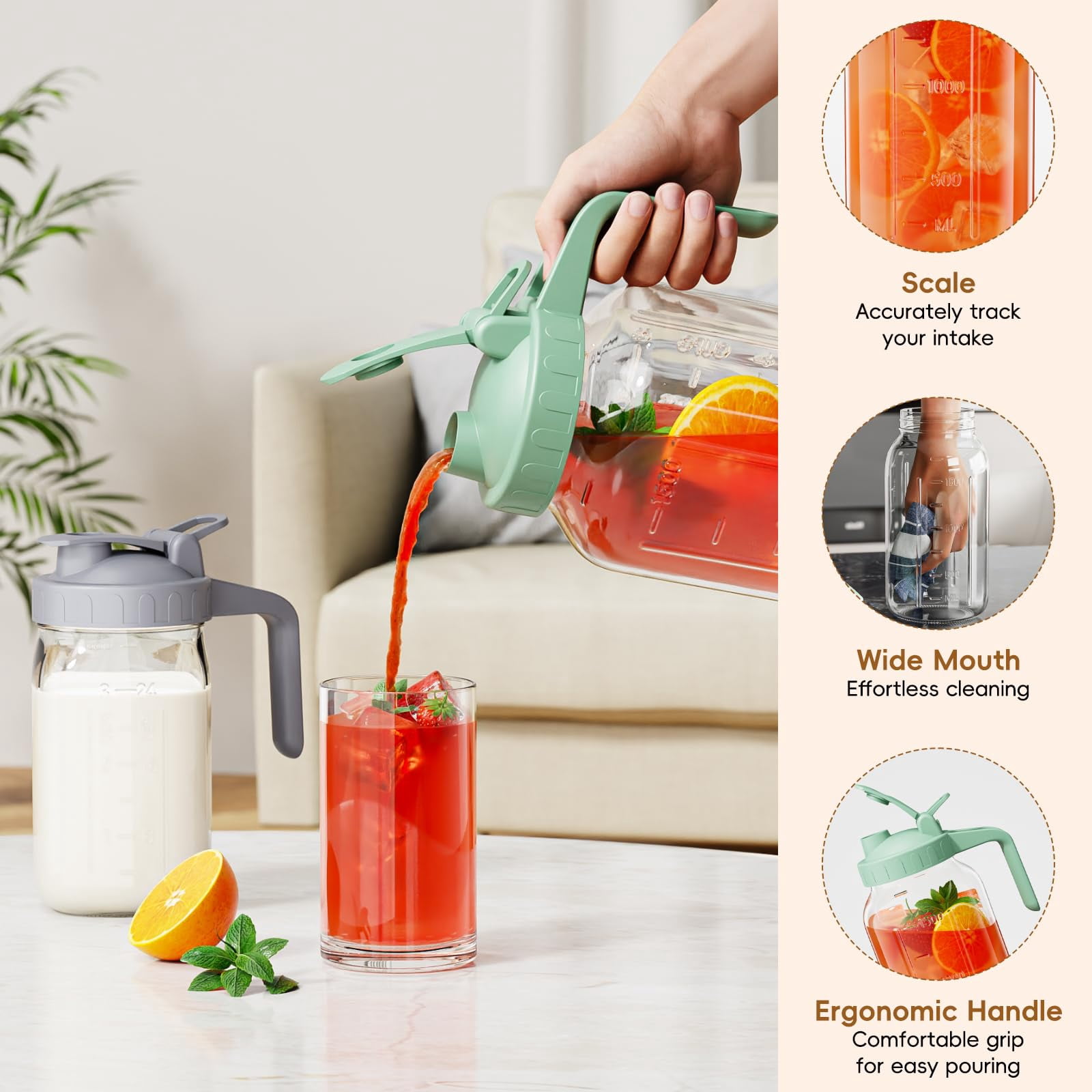 Breast Milk Pitcher - 32 Oz Glass Mason Jar With Dual Leak-proof Design  Airtight Seal Pour Spout & Handle Storage Container For Breastmilk Iced Tea Ice Drinks(gray)