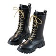 thumbnail image 5 of Girls Black Knee-High Lace-Up Combat Boots with Side Zipper, Lug Sole Dress & School Boots, 2 Extra Gold Shoelaces, Toddler/Little/Big Kids, 5 of 5