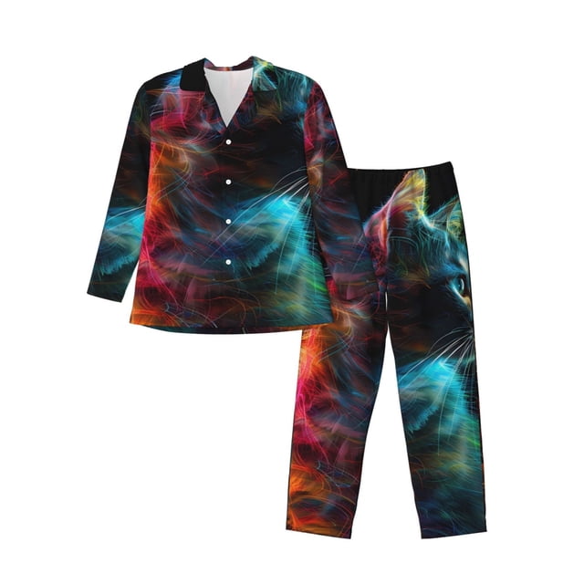 Fotbe Neon Spectrum Cat Portrait Pijama de Hombre con Estampado de Manga Larga, Conjunto de 2 Piezas, Ropa de Dormir Suave y Cómoda con Bolsillos-Small