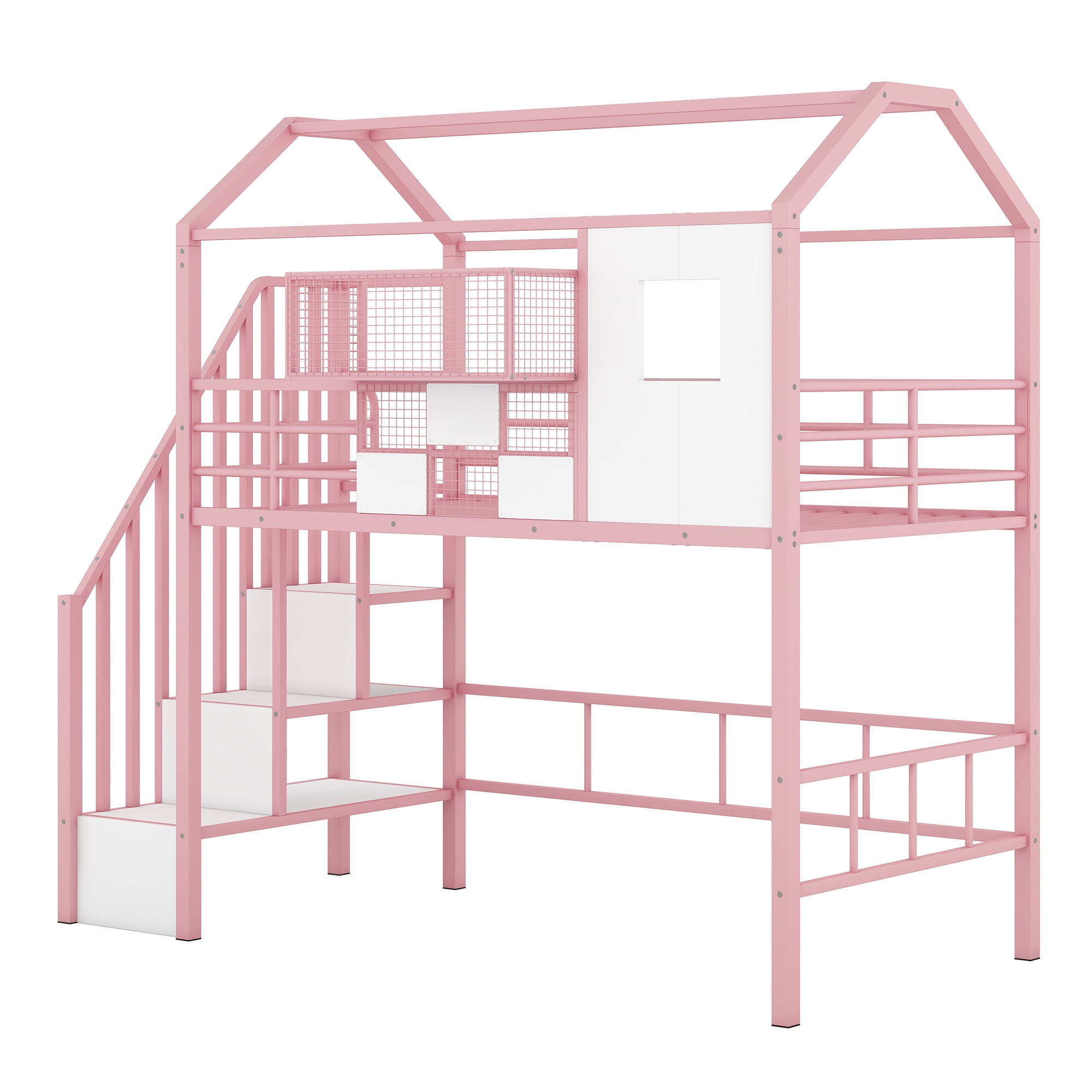 Yoneston Twin Size Loft Bed with Stairs and Storage Box, Heavy Duty Metal Loft Bed with Roof Design for Kids Teens, Pink