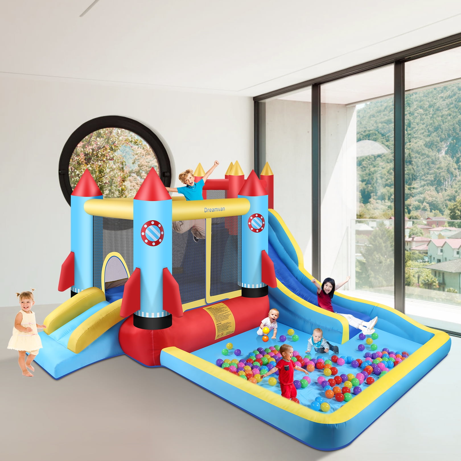 Qhomic 146''x 132'' x 82'' Inflatable Bounce Houses for Kids 3-10 with Blower Double Slide Climbing Wall and Ball Pit/Large Pool Outdoor/Indoor Bouncy House, PVC, Child, Teen, Toddler