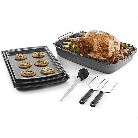 BakerEze Non-Stick Turkey Roasting Pan with Bonus Accessories and Cookie Sheet Set, 8-Piece Set