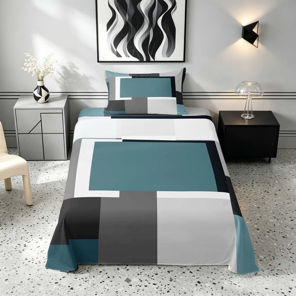 Manfei Abstract Geometric Twin Sheets, Teal Gray Black WhiteSquare Bedding, Black Reversible 3pcs1 Flat Sheet 1 Fitted Sheet 1 Pillowcase
