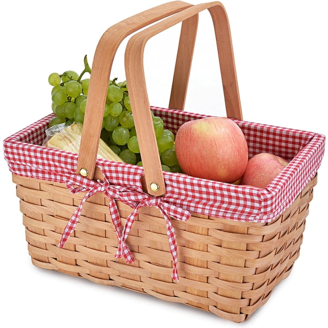 Cesta de Picnic de Astillas de Madera Tejidas Naturales con Asas Dobles Plegables | Cesta de Pascua | Almacenamiento de huevos de Pascua de plástico y dulces de Pascua | Organizador de almacenamiento