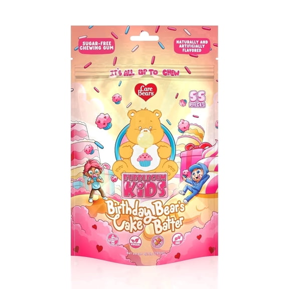 Bubblegum Kids Birthday Bear Sugar Free Gum with Xylitol, Low Calorie Chewing Gum, Cake Batter Flavor, 55 Count