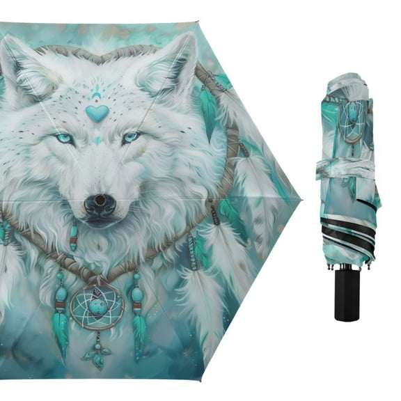 Compact Sun Umbrella Windproof Travel Umbrellas for Rain Strong Portable UV Protection Wolf with Heart Ring