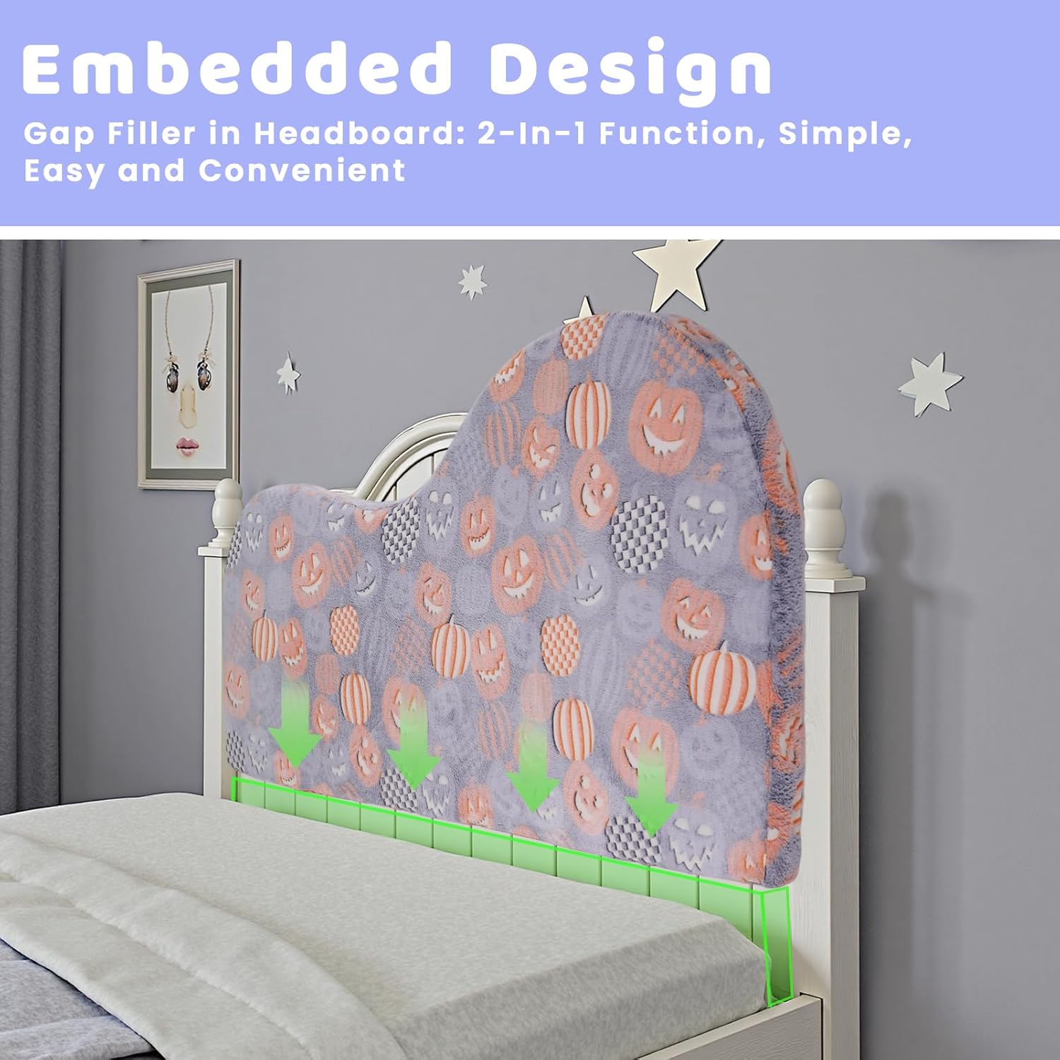 Upholstered Headboard Queen，Creative Curved Glow in The Dark Headboard，Foam Filled Fabric Head Board for Teens and Adults, Pumpkin