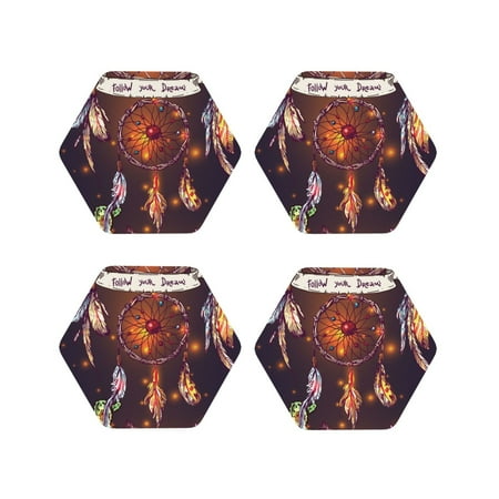 

Tebeau Beautiful Dreamcatcher1 Print Set of 4 Leather Drink Coasters Round Cup Mat Pad for Home and Kitchen Use 4 -Hexagon