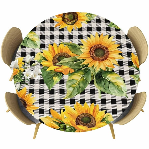 Sunflower Black Check Round Tablecloth 36-44 Inch Round Fitted Table Cloth with Elastic Edge, Spring Summer Flowers Botanical Waterproof Table Cover Protector for Outdoor Picnic Party Dining