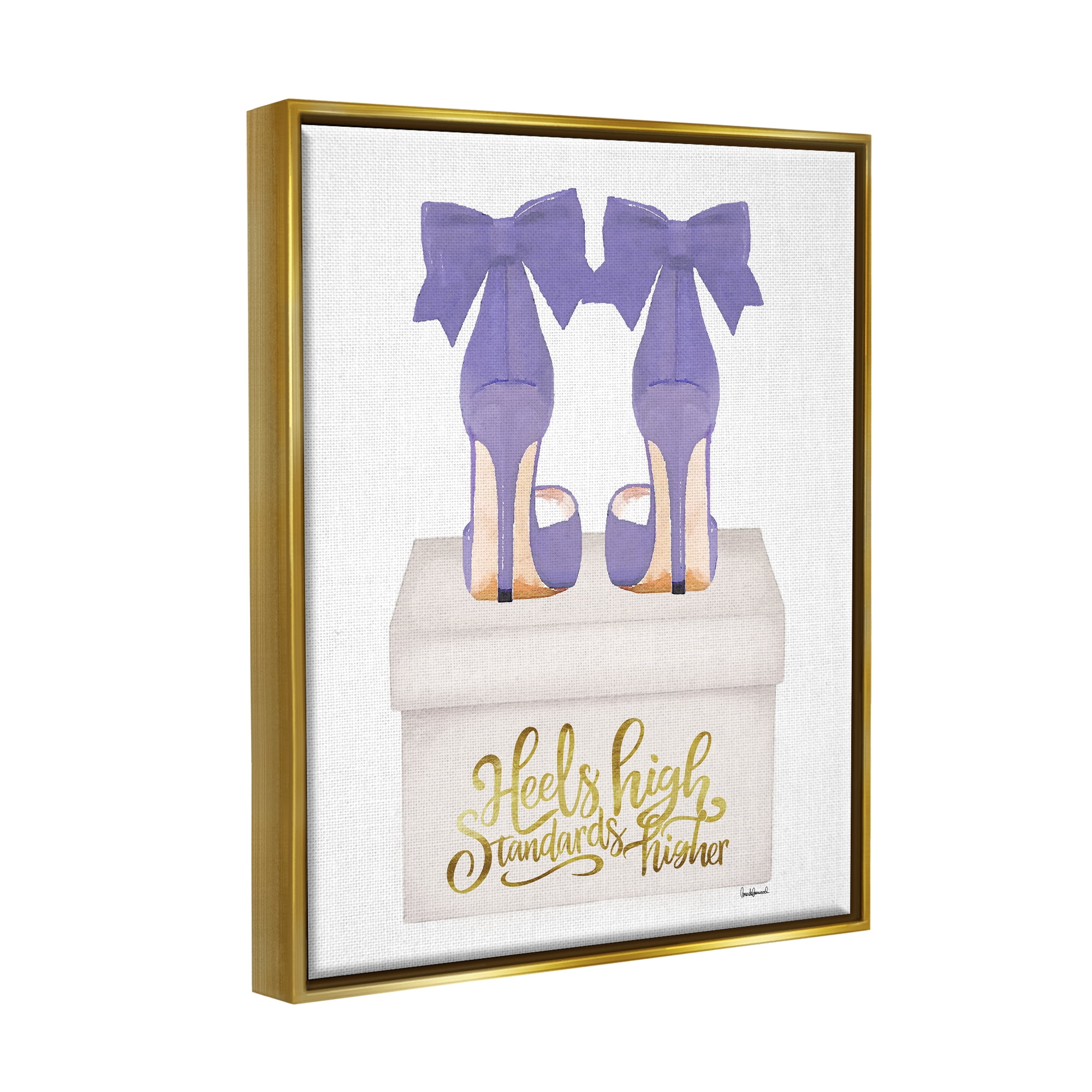 Stupell Industries High Standards Purple Heels Beauty & Fashion Painting Gold Floater Framed Canvas Art Print Wall Art, 17 x 21