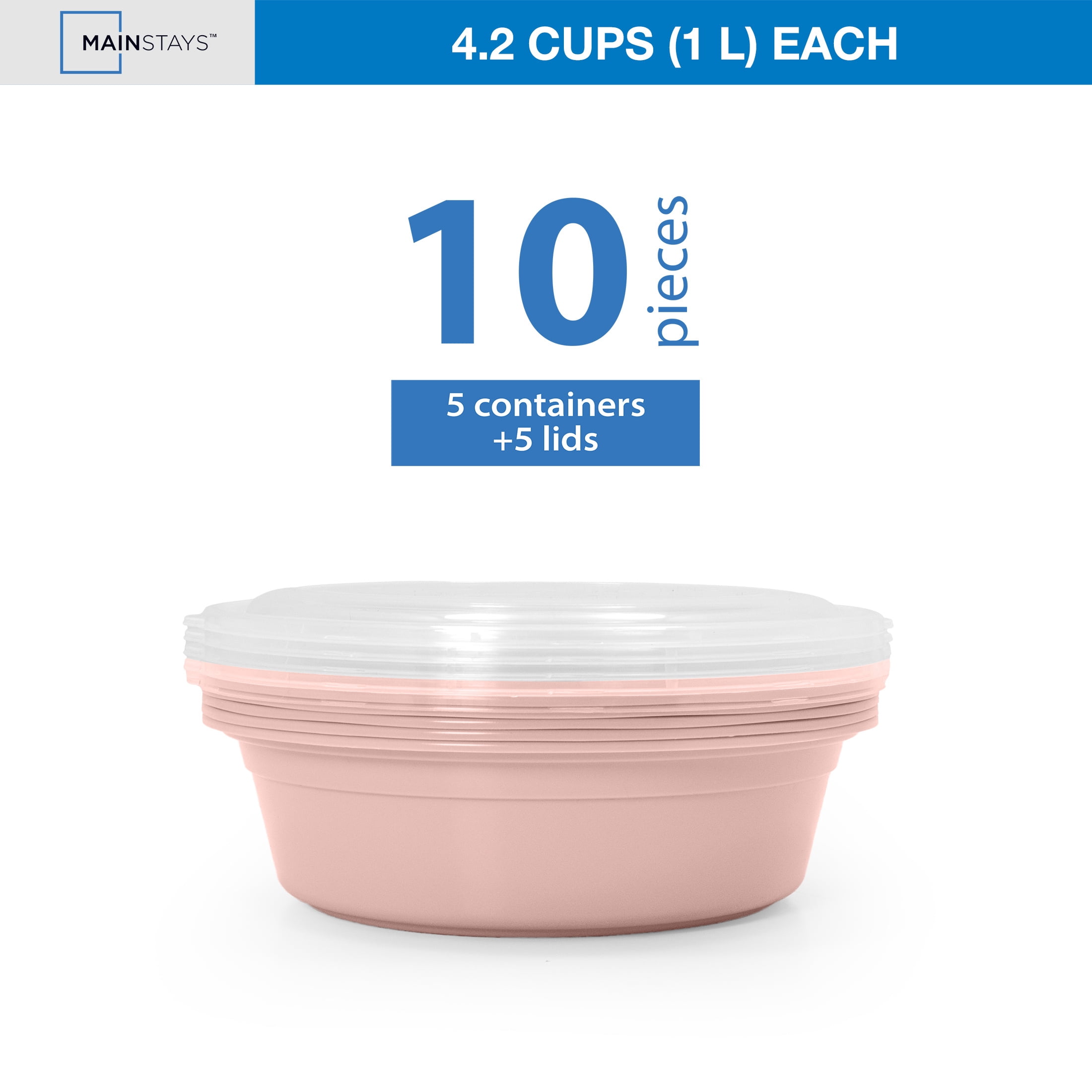 Mainstays 5-Pack Round BPA-Free Plastic Meal Prep Food Storage Containers, 1L, Pink Blush