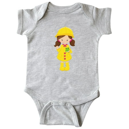 

Inktastic Girl With Brown Hair Yellow Raincoat Frog Gift Baby Girl Bodysuit