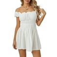 thumbnail image 1 of SUNSIOM Women Summer Short Dress, Solid Color Ruched Bust Boat Neck Off Shoulder Puff Sleeve A-Line One Piece for Ladies, 1 of 8