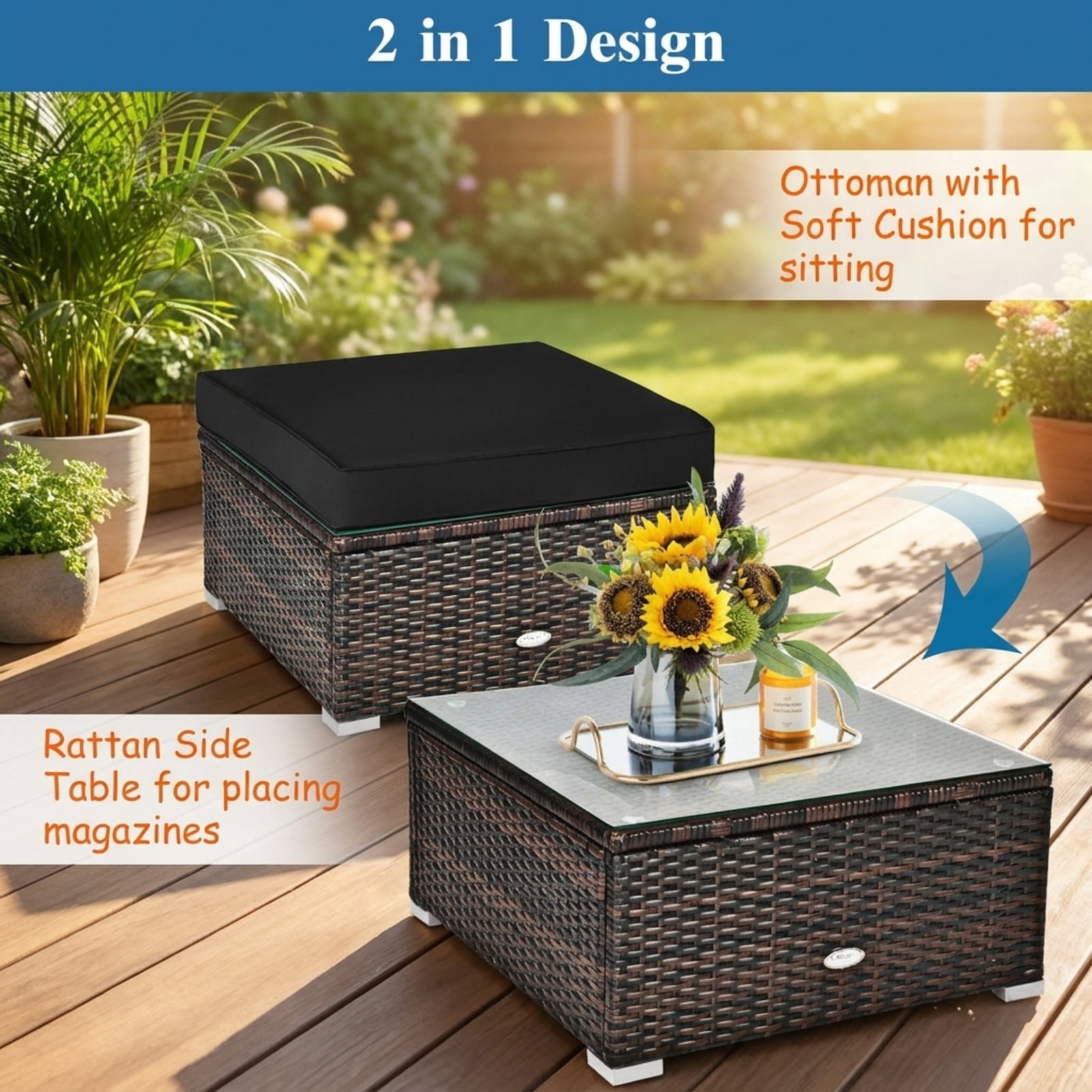 Furnibear 6 Piece Patio Furniture Set Outdoor Sectional Sofa PE Wicker Conversation Set with Glass Table and Cushions for Backyard, Black