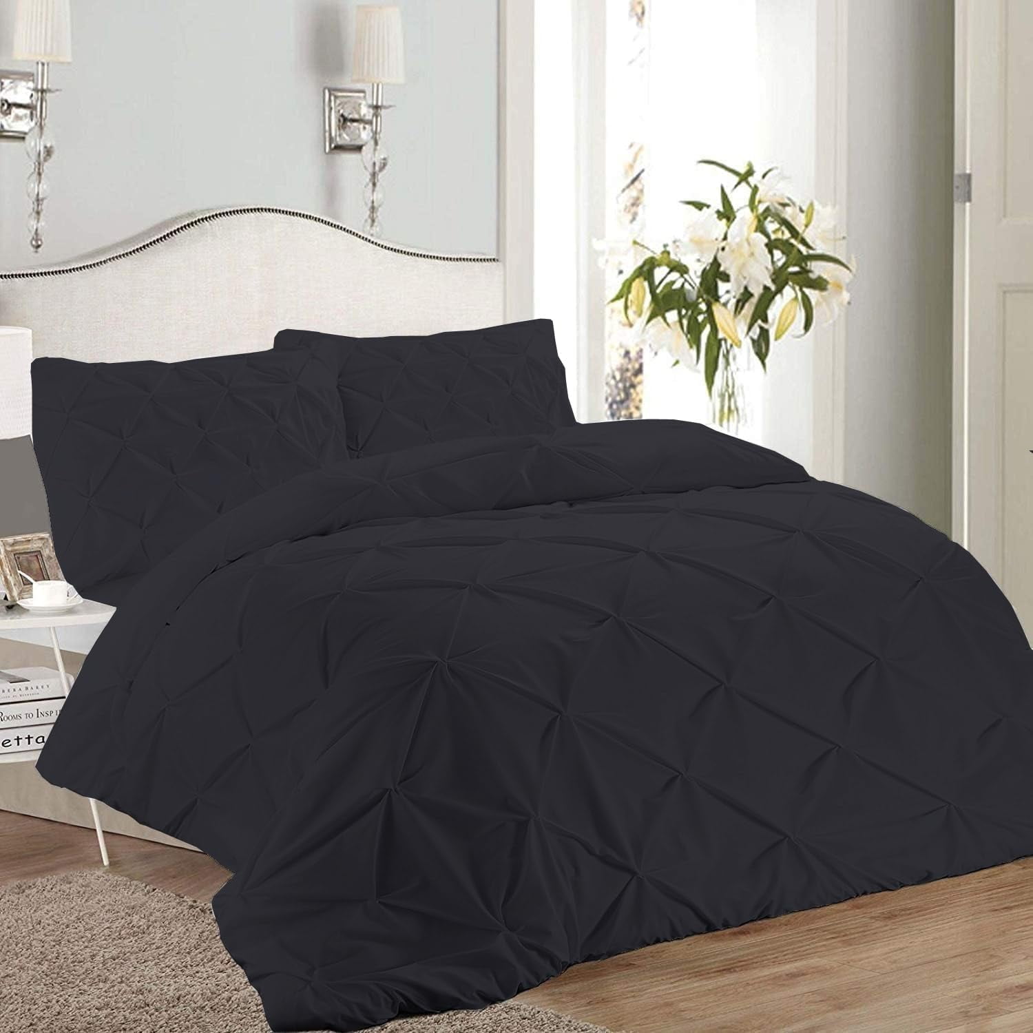 1 Piece Pinch Pleated Duvet Cover 100% Cotton 1000 TC with Zipper Closure & Corner Ties Pintuck Bedding Duvet Cover - Oversized Super King Size (120" x 98") Inch, Black Solid