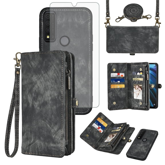 Asuwish Phone Case for TCL 30 XE 5G / TCL 30 V 5G Zipper Wallet Detachable Cell Cover with Tempered Glass Screen Protector Crossbody Lanyard Strap Flip Card Holder 30XE 30V T767W T781S Women Black