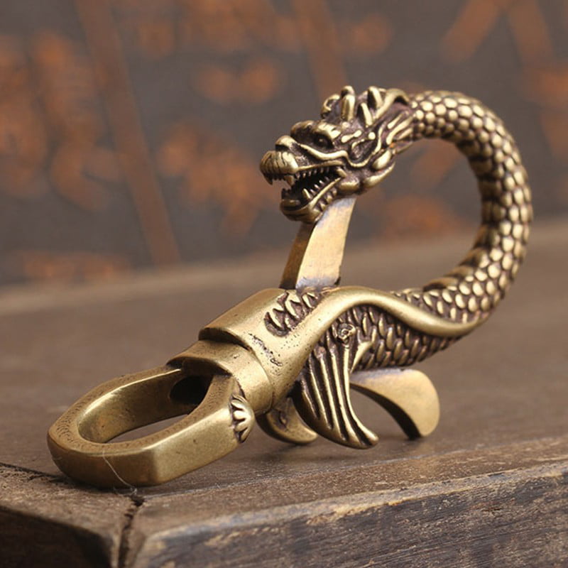 Brass Dragon Head Keychains Keyrings Vintage Key Chain Holder Snap Hook Clip 