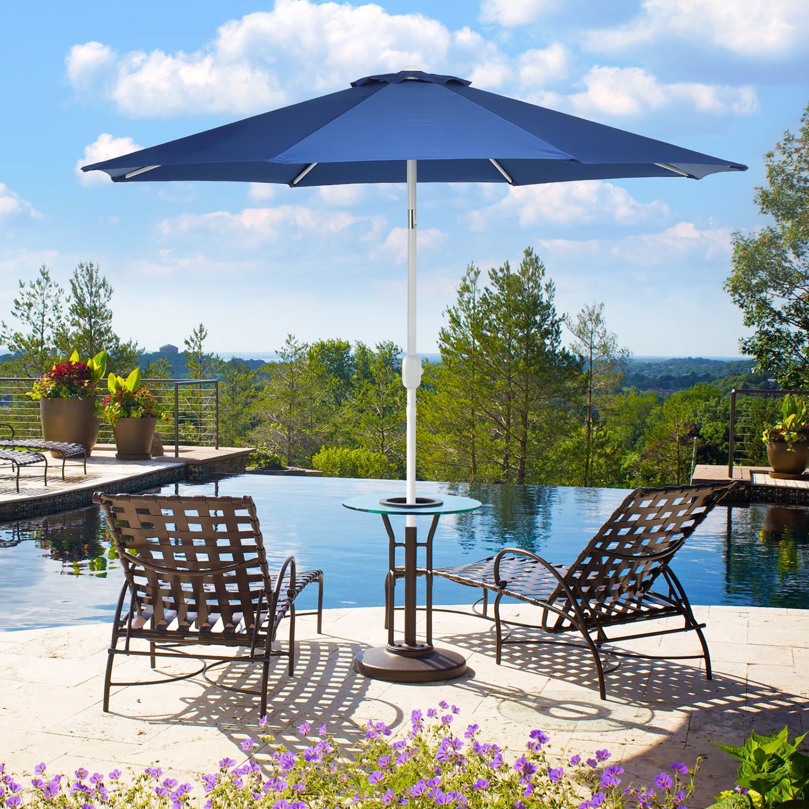 Aoodor 9FT Outdoor Patio Umbrella with 8 Steel Ribs and Push Button Tilt Crank, UV Protection, Dark Blue