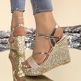 thumbnail image 4 of Rokment Womens Sparkling Sequin Platform Wedge Dressy Sandals Bling Metallic Stylish Casual Open Toe Ankle Strap Chunky Ultra Heeled Dress Summer Shoes for Bride Weddding Gold Size 6, 4 of 7