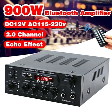 Audio Stream Karaoke - 900W 110V 2CH Power Audio Amplifier HiFi Stereo Receiver System with FM Radio, MP3/USB/SD 2 Microphone Jacks + Remote Control