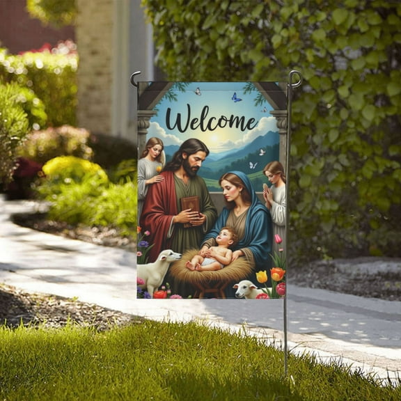Welcome Holy Family Garden Flag 12x18 Inch Double Sided Outdoor Yard Decor Religious Spring Summer House Flag Floral Nativity Scene Banner Small Yard Farmhouse Patriotic Holiday Gifts