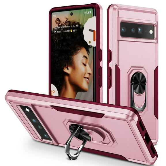 Google Pixel 7 Pro Case, Heavy-Duty Military Shockproof with Rotatable Stand Ring Protection Hard PC TPU Bumper Cover, Rose