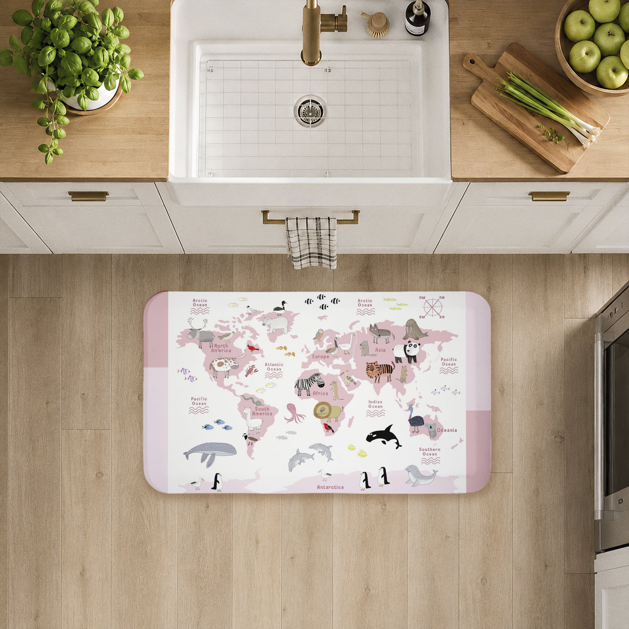 Stupell Industries Pink World Animals Map Printed Anti-Fatigue Floor Mat, design by Carla Daly