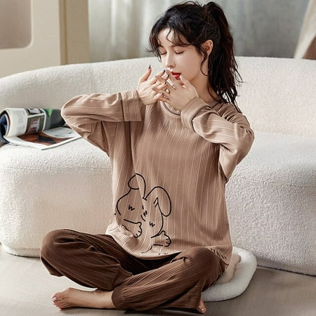 

CoCopeaunt Spring womens long-sleeved pants set of loungewear combed cotton cute cartoon can be worn outside pajamas sleepwear women