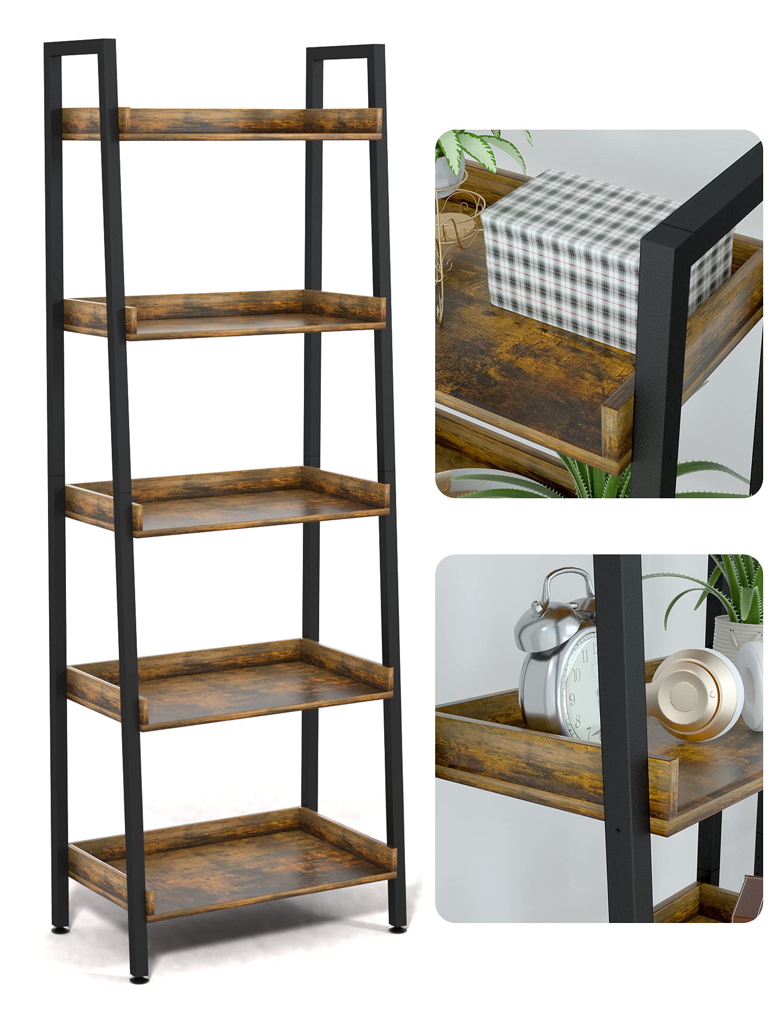 Industrial Bookshelf 5-Tier, Bookcase Ladder Shelf, Storage Shelves Rack Shelf Unit, Accent Furniture Metal Frame, Home Office Furniture for Bathroom, Living Room