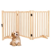 Freestanding Wooden Dog Gate - 3 Panel, 24"H x 60"W, Collapsible & Adjustable Indoor Pet Barrier for Doorways, Stairs, Hallways, Natural Pine, No Drill, Non-Slip, Step-Over - 3 pieces 24"H 60"W