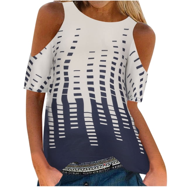 Blusa de manga corta con hombros descubiertos y estampado de cuello redondo informal a la moda para mujer Pompotops hkajfhjk461446