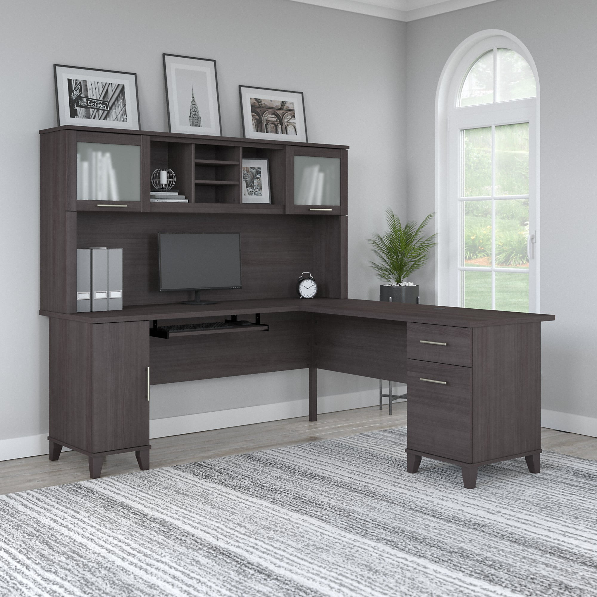 Bush Furniture Somerset 72" L Desk and Hutch with Storage, Storm Gray